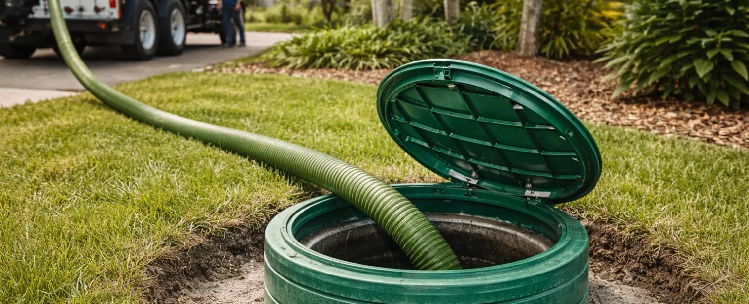 Pump hose feeding into an open green septic riser
