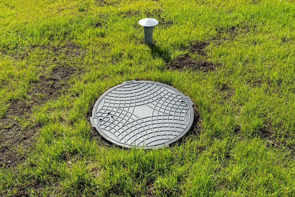 Septic tank lid and vent pipe in a lawn